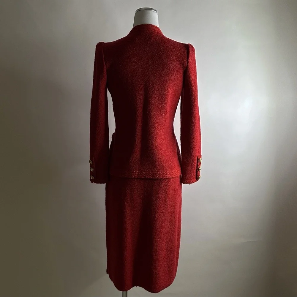 Vintage 80's Designer Adolfo Red Bouclé Wool Set with Lady Jacket & Skirt - Picture 9 of 12